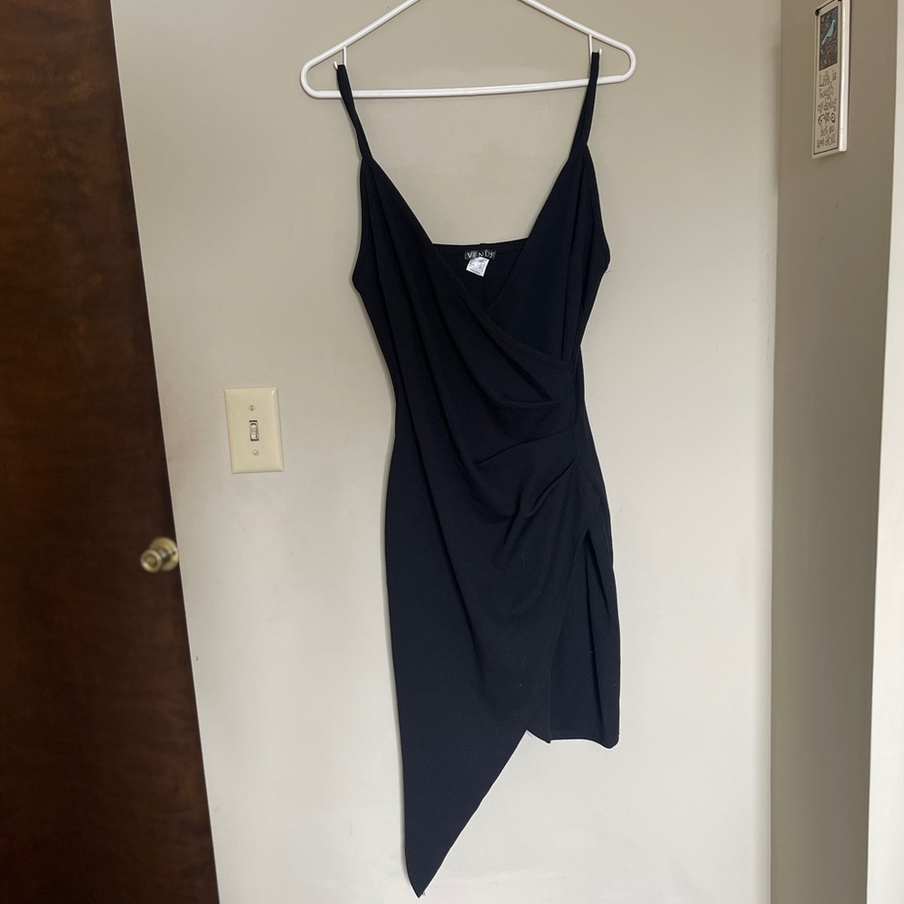 Black Asymmetrical Faux Wrap Dress